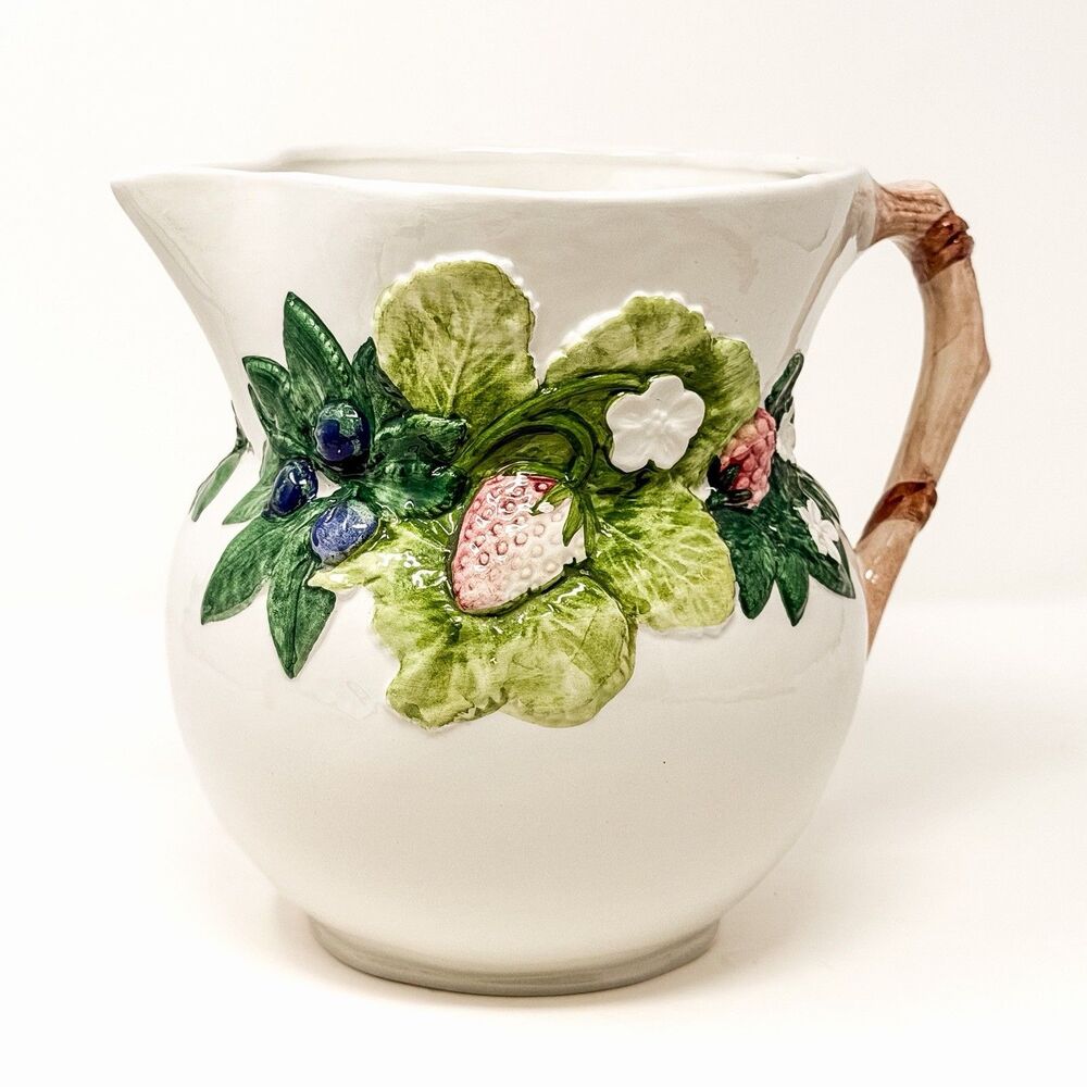 Vintage Ceramica Stefani Nove Italy Majolica Strawberry Cottage Pitcher